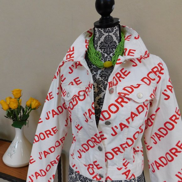 NWT Forever 21 J Adore white cotton denim cropped jean I love letter jacket F21 - Picture 5 of 16